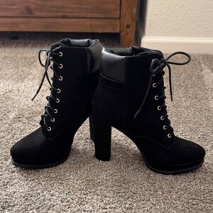 Shoe Dazzle Black Suede Lace Up High Heel Combat Boots